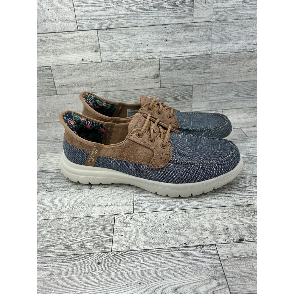 Skechers Slip-ins On-the-GO Ideal Navy Tan Boat Shoes 138215 Women Sz 7.5‎